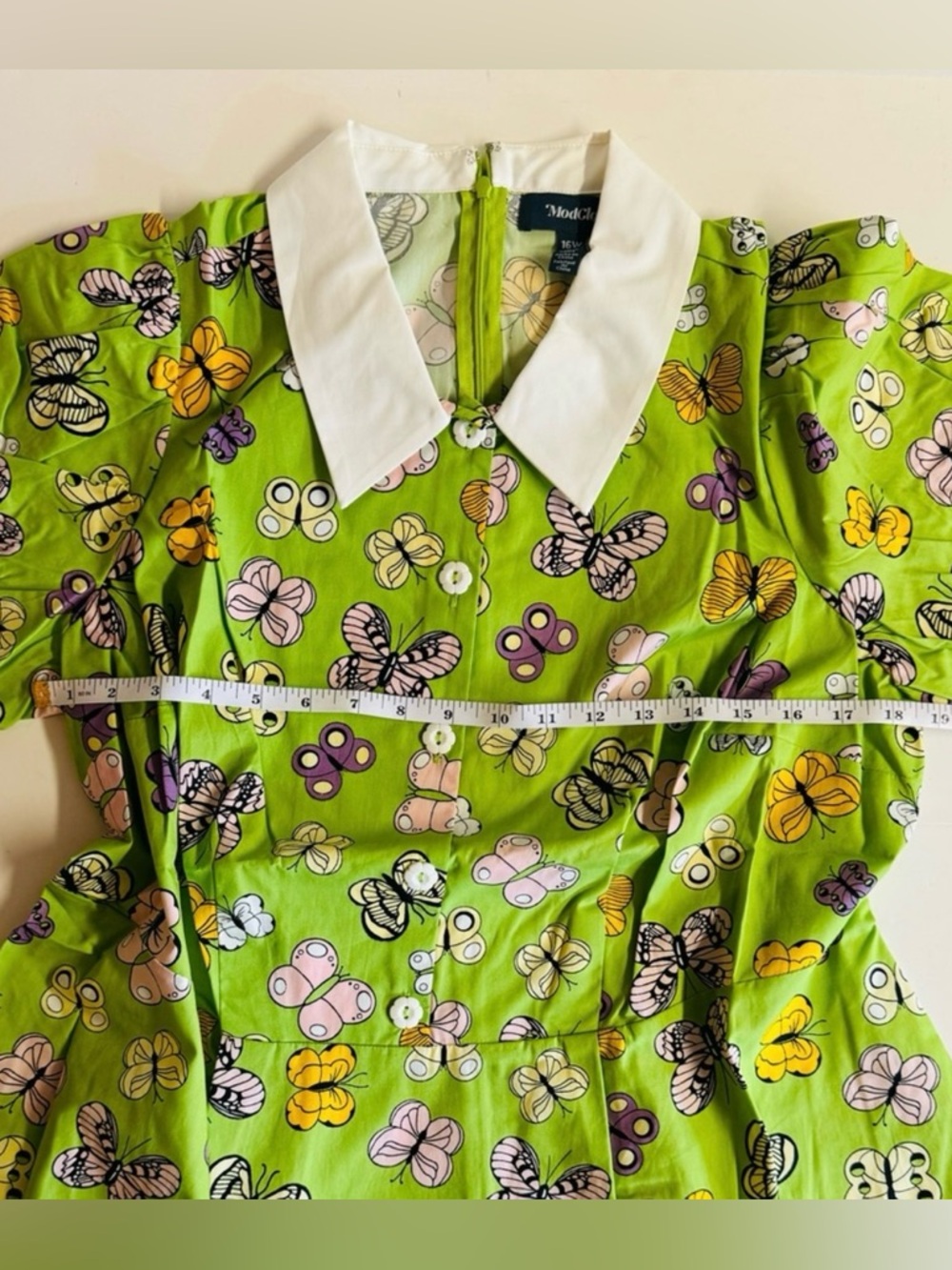 NWT Modcloth Green Butterfly-Print Short Sleeve Mini Dress with White Collar.16W - Picture 8 of 9